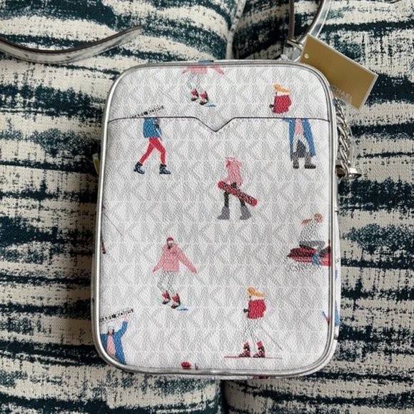 MICHAEL KORS WOMEN LADY SKI GIRL SKIER CHAIN CROSSBODY BAG WHITE LOGO GREY LTH - Picture 5 of 15